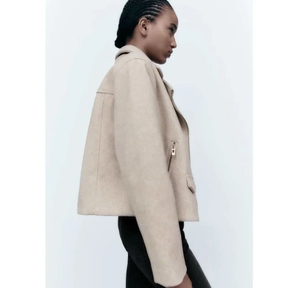 ZARA Soft Lapel Collar Crossover Asymmetric Moto Jacket Size S Camel